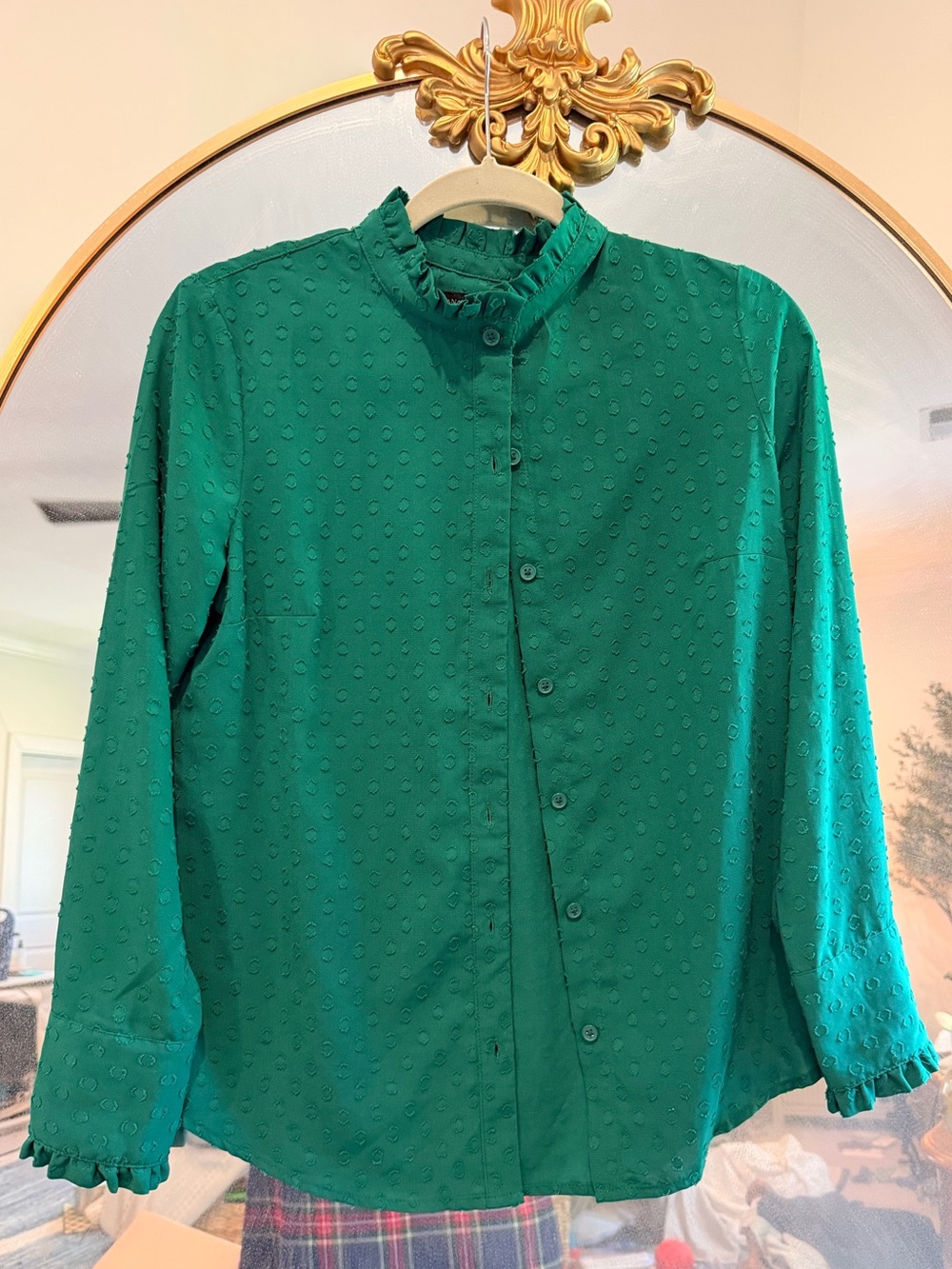 Banana Republic | Emerald Green Ruffled Collar Long-Sleeve Dot Embroidery Shirt